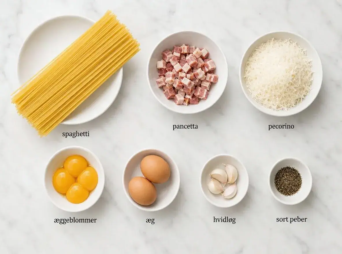 Ingredienser til Carbonara uden fløde