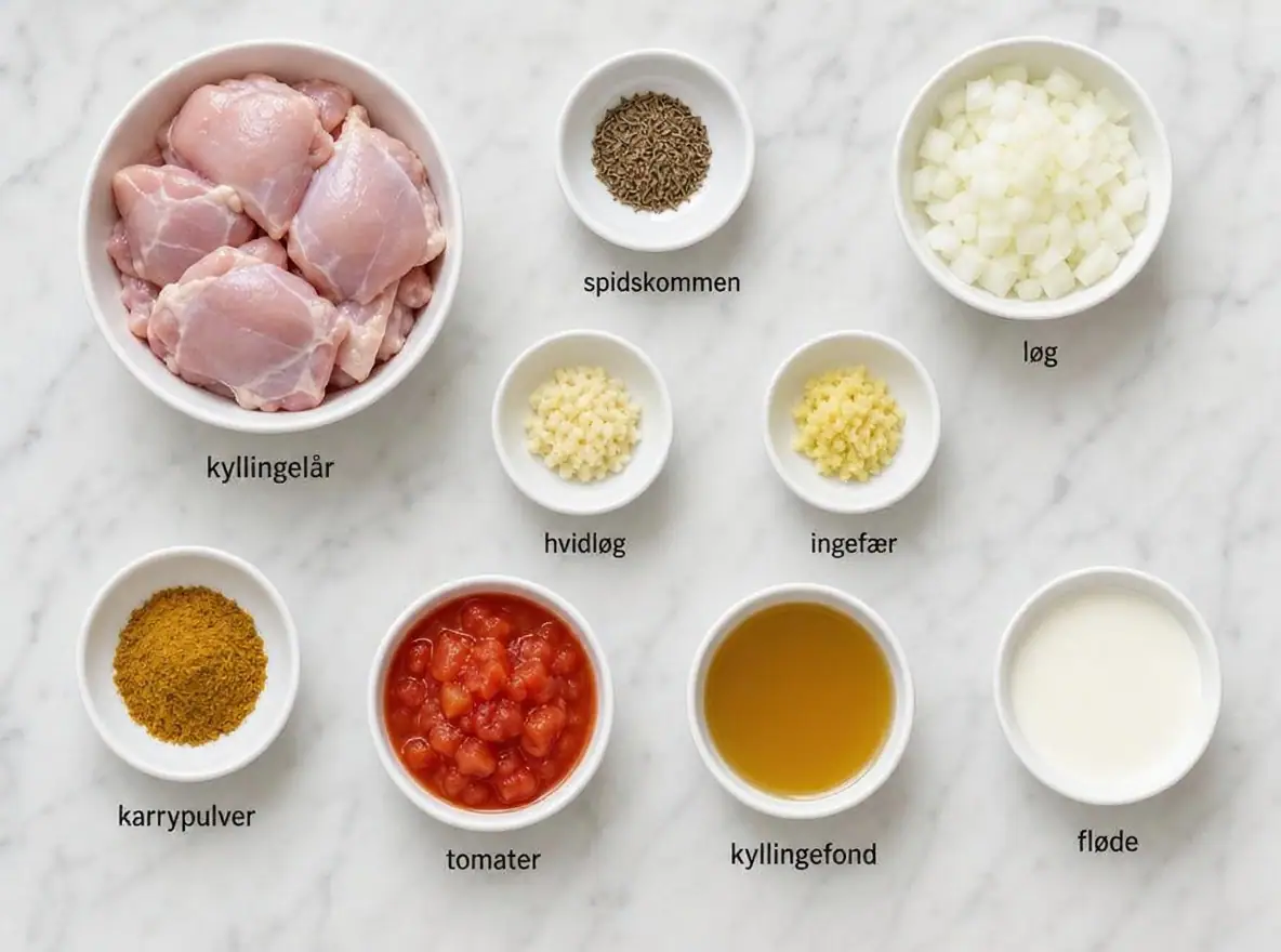 Ingredienser til Nem kylling i karry uden kokosmælk