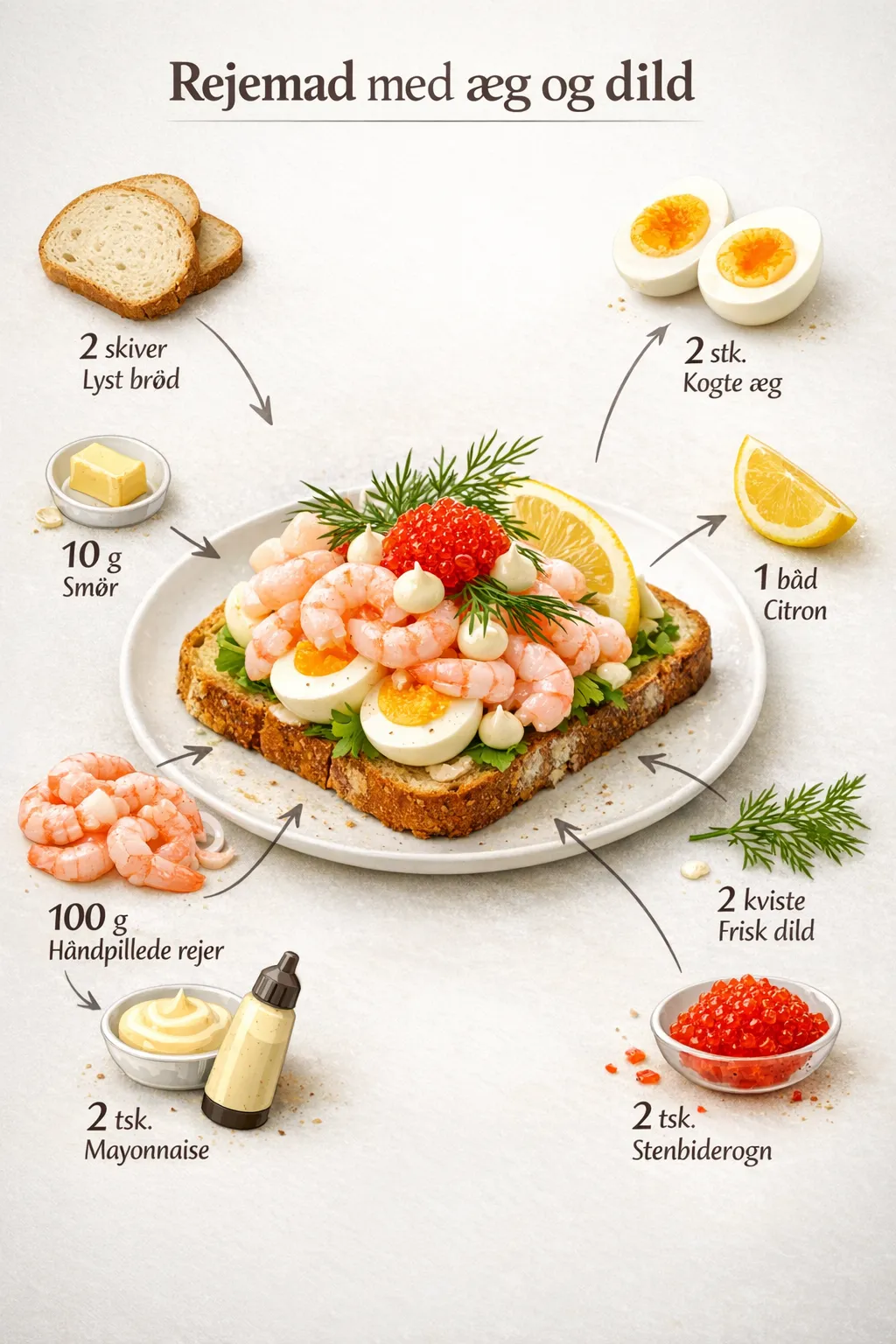 Smørrebrød med rejer, æg og frisk dild