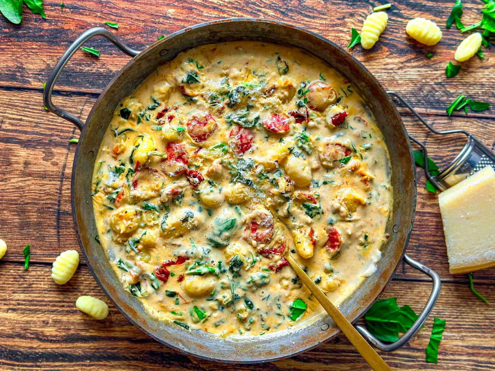 Gnocchi med spinat og soltørrede tomater i cremet flødesauce