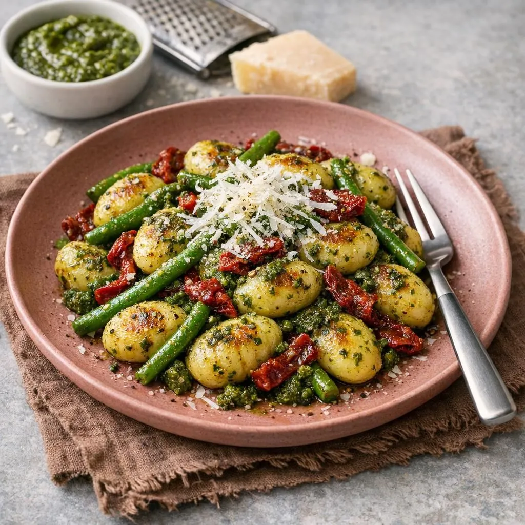 Gnocchi med grøn pesto, bønner og soltørrede tomater