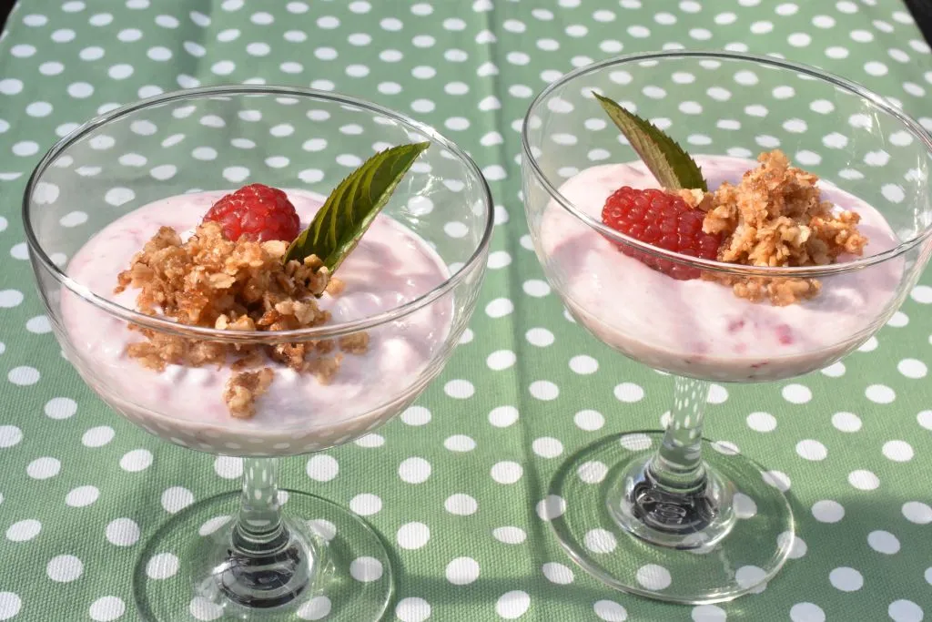 Sund dessert med græsk yoghurt og hindbær