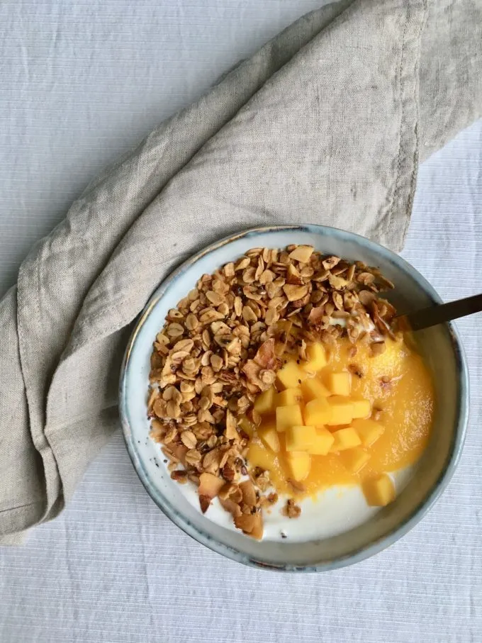 Græsk yoghurt med mangopuré og kokosgranola