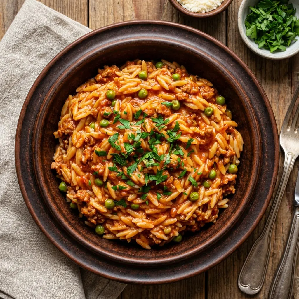 Orzo med hakket kød og tomatpassata