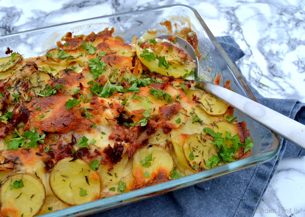 Cremet kartoffelfad med kylling og bacon